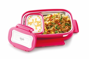 Stylish trio <b>lunch</b> <b>box</b> stainless steel 2 compartment food container portable meal carrier airtight daily storage <b>box</b> - Product Image 6