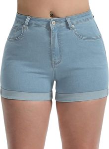 Shorts décontractés pour femme, taille haute, extensibles, motif uni, fermeture boutonnée, cinq poches, délavage clair, coton et élasthanne, coupe droite, été - Product Image 3