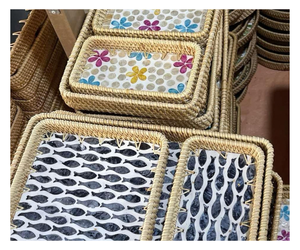Paniers de rangement rectangulaires en rotin naturel avec motifs de poissons et de fleurs, écologiques, empilables, multi-usages, organisation de la maison - Product Image 1