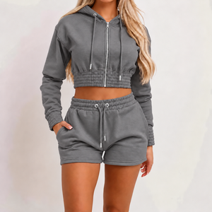 Conjunto de 2 piezas para mujer, pantalones cortos de algodón y poliéster, sudadera con capucha y cremallera, top corto de forro polar, chándal informal. - Product Image 1