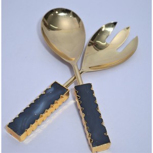 Hot Selling Customizable Gold Salad Servers <b>Set</b> With Blue Agate Resin Handles Metal Salad <b>Tools</b> - Product Image 5