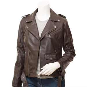 Women's Genuine Cowhide Leather Moto Jacket With Zipper Closure Stand Collar Full Sleeve Autumn Style - Product Image 3