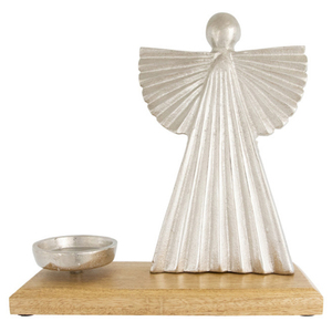 Heavenly Angel Metal Christmas Votive Candle Holder 10 Inch Height <b>Silver</b> With Mango Wood Base - Product Image 3