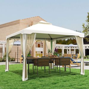 Gazebo a 2 livelli bianco crema 9,6x9,6 con tetto ventilato, rete e fori di drenaggio, zanzariera per feste in patio, ville/cortili - Product Image 2