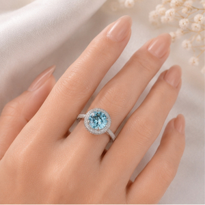 925 Sterling Silver Aquamarine Light Blue Topaz Round Cut Halo <b>Ring</b> Pave <b>CZ</b> Engagement Anniversary Band Jewelry Gift Women - Product Image 6