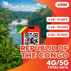 eSIM สำหรับการเดินทางในสาธารณรัฐคองโก ยอดนิยม พร้อมดาต้า 4G/5G ไม่จำกัด ความเร็วสูง ใช้งานง่ายด้วยคิวอาร์โค้ด และส่งแผนการใช้งานแบบทันทีทางอีเมล - Product Image 1