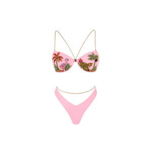 Bikini Rosa Tropical con Cuentas, Cuello Halter y Tirantes Finos, Tela de Algodón/Spandex, Traje de Baño de Dos Piezas de Alta Calidad - Product Image 1