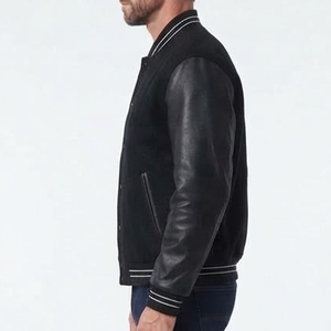 Veste universitaire noire pour homme, sur mesure, de haute qualité, très demandée, avec manches en cuir, col côtelé, fermeture boutonnée, manteau décontracté d'automne - Product Image 4
