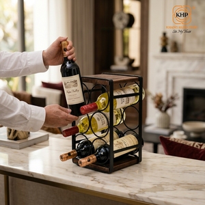 KHP Modern Industrial Wood and Iron Countertop Wine Rack 6-Bottle <b>Tabletop</b> Holder Small Premium Wine Display Shelf for Home Bar - Product Image 3
