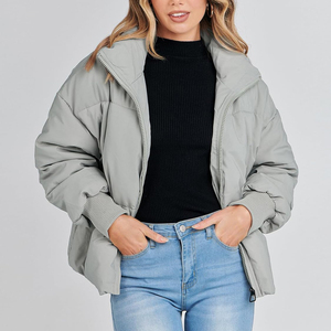 <b>Light</b> Gray <b>Puffer</b> <b>Jacket</b> With Stand Collar Zipper Closure Casual Style Windproof Winter Wear Short Length Polyester Filling - Product Image 2