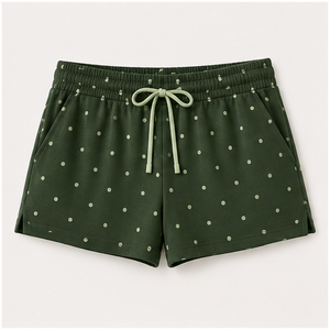 Pantalones Cortos de Salón para Mujer, Personalizados, Color Verde Bosque con Puntos, Corte Recto, con Cordón Ajustable, de Jersey de Bambú y Viscosa - Product Image 1