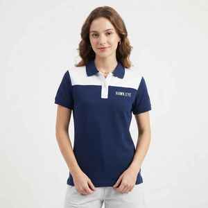 Polo de Mujer en Color Azul Marino y Blanco, Manga Corta, Casual, Transpirable, de Algodón Piqué, con Estampado de Letras y Logotipo Frontal - Product Image 1