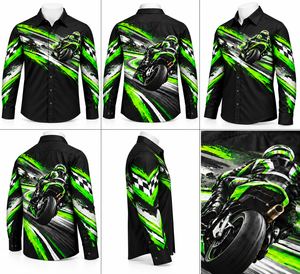 Black <b>Long</b> <b>Sleeve</b> Button-Up <b>Shirt</b> Green Motorcycle Racing Graphic Checkered Flag Abstract <b>Stripe</b> Print 100% Cotton <b>Men</b> - Product Image 6