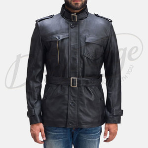 Veste en cuir noire slim fit pour homme, ceinturée, style safari, en cuir véritable, multi-poches, avec col montant - Product Image 1