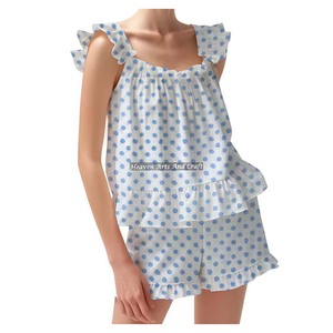 Urban Bohemian Fashion Cotton Co-Ord Shorts Pajama Set For Women Spring/Summer Floral Fitted Strappy Ruffle <b>Trim</b> Sleeves PJ Set - Product Image 3