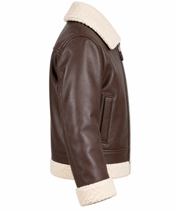 <b>Men's</b> Brown Genuine Leather Bomber <b>Jacket</b> <b>Sherpa</b> Lined Zipper Closure Moto Style Winter Wear - Product Image 4