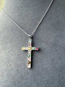 Pendentif croix en tourmaline arc-en-ciel naturelle, chaîne réglable, bijoux en pierres précieuses plaqués argent - Product Image 3