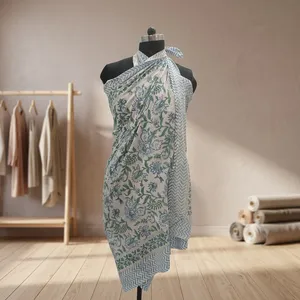 Blue Green Floral Hand Block Printed Cotton <b>Sarong</b> Scarf with Chevron Border Lightweight Beach Wrap Stole for Women - Product Image 6