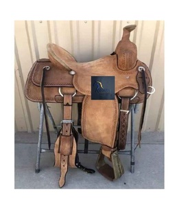 Selle de cheval en cuir brun rugueux pour la cordeuse, siège rigide, durable, style western ranch, avec kit de harnais, tailles de 10 à 18 pouces, fabrication indienne - Product Image 1