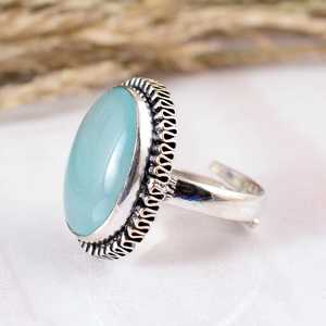 Vintage 925 <b>Silver</b> Aqua Chalcedony <b>Ring</b> Handmade Boho <b>Statement</b> Jewelry Wholesale Natural Stone Wide Band <b>Rings</b> - Product Image 3