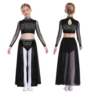 Costume de danse lyrique pour filles de 6 à 16 ans, ensemble haut court et jupe fluide pour spectacles sur scène, cours de danse, noir - Product Image 5