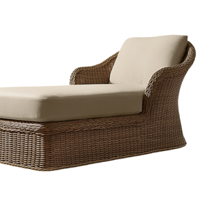 Chaise longue d'extérieur en teck élégante avec détails tressés à la main, accoudoirs, forme organique, style resort tropical, meubles de villa rembourrés - Product Image 4