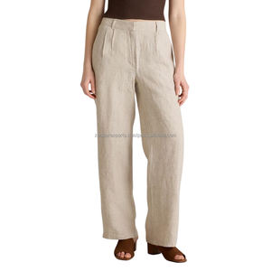 Pantalones rectos de lino de estilo europeo para mujer, pantalones de oficina de lino con botones Beige, último diseño personalizable - Product Image 3
