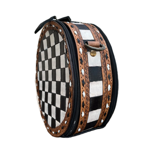 Sac à dos rond unisexe en cuir véritable style bohème, à motif damier, fait main, avec fermeture éclair et protection RFID - Product Image 2