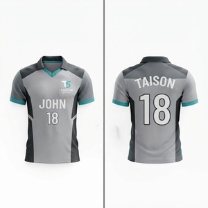 Maillot de cricket en polyester interlock respirant 160 GSM de qualité supérieure, gris, bleu sarcelle, noir, avec empiècements latéraux, impression personnalisée du logo, du nom et du numéro pour l'équipe - Product Image 1
