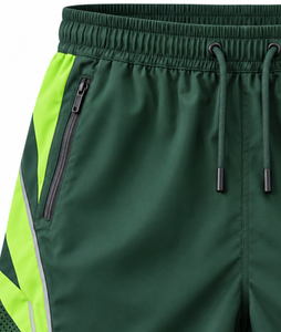 <b>Mens</b> <b>Green</b> Polyester Cotton Breathable Sport <b>Shorts</b> Neon Side Panels Mesh Inserts Elastic Waist Mid Zip Pockets Training Running - Product Image 6