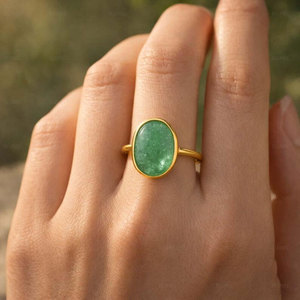 Handmade Brass Green Aventurine Ring Minimalist Oval Gemstone Ring Natural Stone Boho Vintage Jewelry for Women - Product Image 3