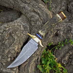 Cuchillo de caza A&M Enterprises de acero de Damasco con punta caída, mango de asta de ciervo, funda de cuero para exteriores, utilitario, Skinner - Product Image 5