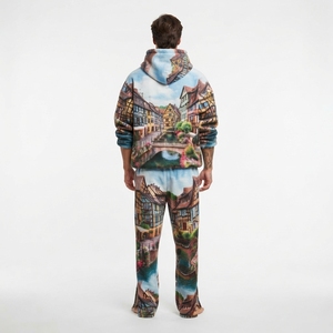 Ensemble de survêtement pour homme avec veste zippée à imprimé scénique et pantalon large assorti, bleu et marron, streetwear, design personnalisé - Product Image 2
