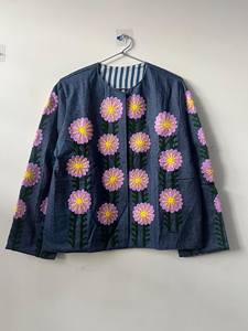 Chaqueta Bomber Azul Suzani de Terciopelo, Tejida, Acolchada, Transpirable, Hecha a Mano, Bordada con Letras, Estilo Bohemio, Étnica, para Festivales, Lana/Nailon - Product Image 5