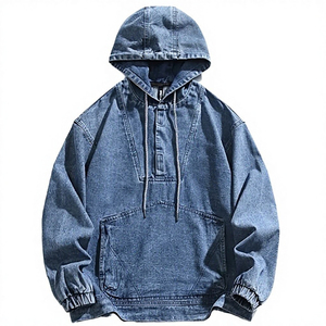 Sudadera con Capucha de Mezclilla Azul para Hombre, Estilo Casual, Algodón Lavado, Corte Regular, Bolsillo Frontal, Estilo Otoñal - Product Image 6