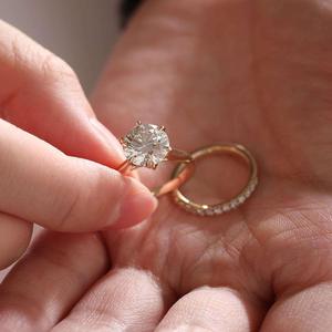 Factory Direct 3 Carat Round Cut Lab Grown Diamond 14K Solid Yellow <b>Gold</b> <b>Ring</b> <b>Set</b> Luxury 6-Claw Tulip Cathedral Engagement <b>Ring</b> - Product Image 2