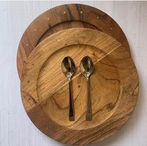 Plato de Servir Redondo de Madera Natural de Primera Calidad con Incrustaciones de Puntos Dorados de Latón, Platos para Servir Apilables, Vajilla - Product Image 2