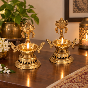 Handcrafted Brass Shankh Chakra Diya Set Decorative Back Oil Lamp Stand for Home Temple <b>Mandir</b> Puja Traditional Diwali Decor - Product Image 2