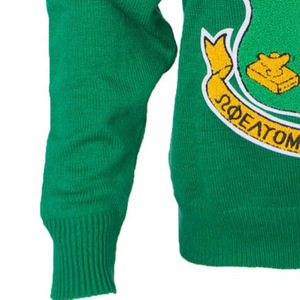 Pull en maille vert col V avec broderie de blason et bordure rose, manches longues, style universitaire décontracté pour femme, poignets côtelés, doux - Product Image 4