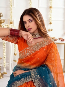 Orange Blue Gradient Silk Saree Embroidered <b>Blouse</b> for Wedding Wear Women Traditional Indian <b>Sari</b> Floor-Length Sun Protection - Product Image 6