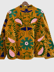 Veste en velours brodée à la main avec des motifs floraux, manches longues, col montant, taille plus, vêtements d'automne pour femmes - Product Image 5