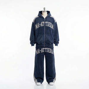 Conjunto de Sudadera con Capucha y Pantalones de Algodón para Hombre, Cierre Completo, Estilo Casual Holgado, Estampado de Letras, Color Azul, Estilo Otoñal - Product Image 3