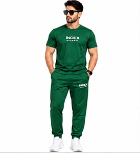 <b>Men</b> <b>Green</b> Short Sleeve <b>Tracksuit</b> Set Crew Neck T Shirt Full Length Pants Letter Logo Elastic Waist Sporty 2 Piece - Product Image 1