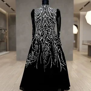 Robe de soirée noire avec perles argentées, robe de soirée formelle à paillettes, tenue de soirée pour banquet - Product Image 1