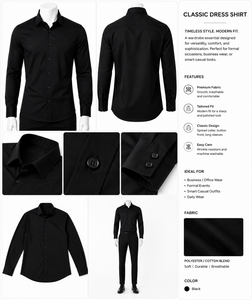 Camisa Formal de Manga Larga Negra para Hombre, Popelina, Color Sólido, Corte Regular, Diseño con Botones - Product Image 4