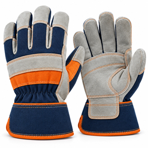Gants de travail bleu marine et orange avec renforts en daim gris sur la paume, bordure contrastante sur le poignet, design personnalisé pour vêtements de travail - Product Image 1