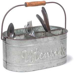 White 6 Compartments Metal Cutlery oval <b>Caddy</b> in Wooden Handle for <b>Kitchen</b> Storage Organizer - Product Image 5