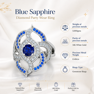Bague de soirée en saphir bleu et diamants, or blanc 14 carats, 0,40 carats au total |   Bague Statement en Pierre Précieuse, Bijou de Luxe de Créateur, Cadeau pour Femme - Product Image 5