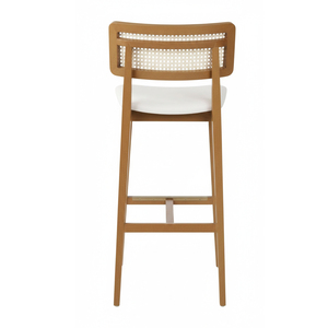 Chaise de bar haut de gamme en teck massif avec dossier en rotin et assise rembourrée, idéale pour bar à domicile, comptoir de cuisine, salle à manger, café commercial moderne - Product Image 2