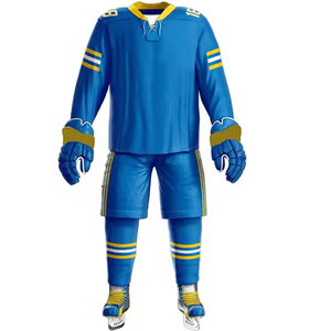 Custom Sublimated Ice Hockey Uniform Men's Blue White Gold Striped Jersey Pants Full Sleeve Moisture Wicking 100% Polyester - Product Image 1